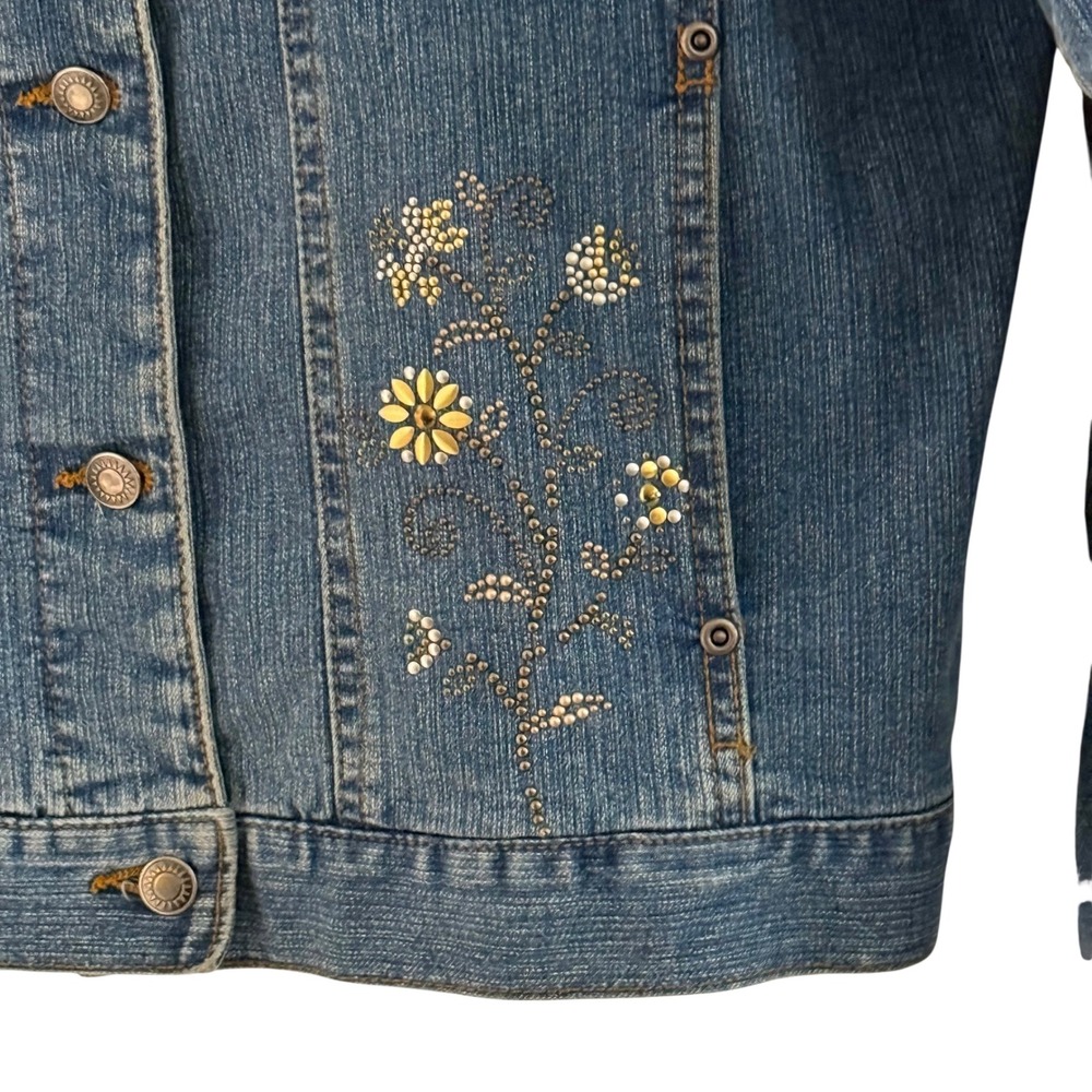 90's Sunburst Denim Jacket Women L Blue Floral Studded Rhinestone Trucker Coat - Picture 6 of 16